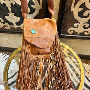Western leather fringe turquoise stone flap crossbody